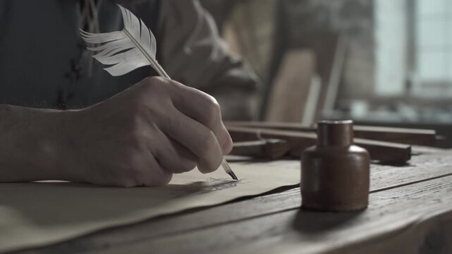 Hand of a medieval inventor drawing a flying machine wing design with a quill pen on parchment paper next to a ceramic inkwell on a wooden table inside an artist studio