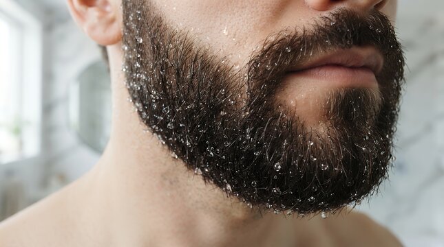 Close up of well-groomed beard with fresh water droplets