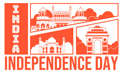 Fototapeta premium India Independence Day digital banner in a flat comic panel layout. Orange silhouettes of Red Fort, Taj Mahal, and India Gate. Perfect for festive website headers and social ads.