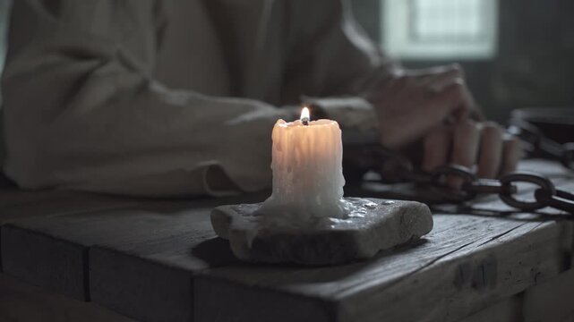 Close up of medieval prisoner hands locked in iron shackles scratching each other near a burning candle on a wooden table inside a dark cell, camera tracking