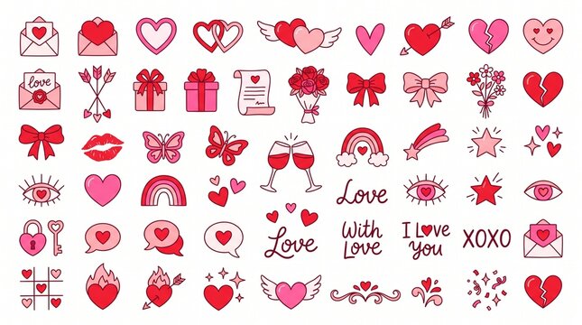 Create a premium collection of cute Valentine's Day doodle elements in a modern hand-drawn vector style. Arrange 50+ unique love-themed icons evenly across a clean white background with balanced spaci