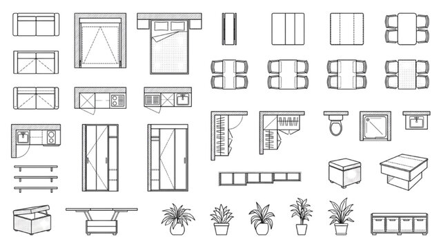 Compact Apartment Furniture CAD Blocks Top View Collection for Interior Floor Plan Vector