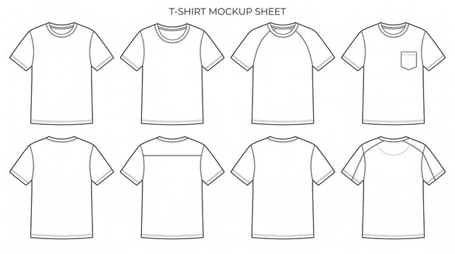 A premium vector illustration set of 8 blank white t-shirts displayed in a clean 2x4 grid layout. Each t-shirt is shown from different front-view variations with subtle sleeve and collar differences. 
