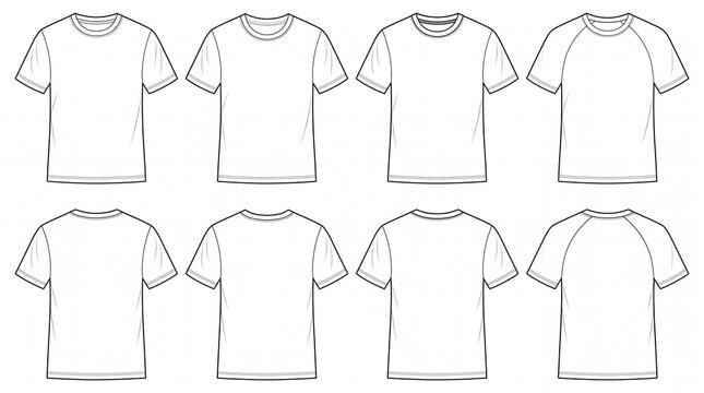 A premium vector illustration set of 8 blank white t-shirts displayed in a clean 2x4 grid layout. Each t-shirt is shown from different front-view variations with subtle sleeve and collar differences. 