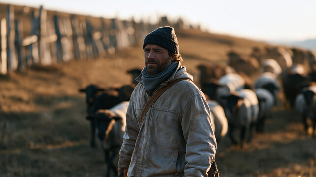 Livestock farmer in weathered jacket guides a small cattle herd through an autumn morning field, breath visible in cold air, old wooden fence running along the hilltop, rolling