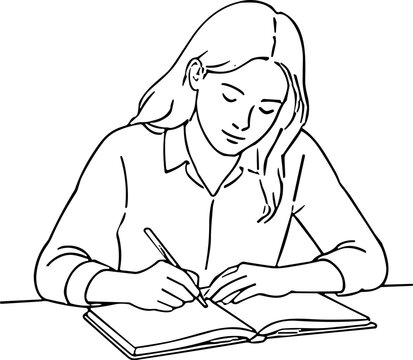Young woman focused on writing in a notebook with a pen