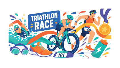 Fototapeta premium Triathlon wide panoramic website header banner with 3 expressive stylized athletes transitioning around oversized bicycle wheel and giant swim-run race ribbon spanning full canvas, with running shoe,