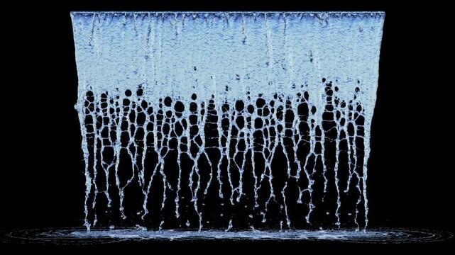 Front view of Dripping Water with a Medium Flow from a large linear source to the ground on a black background