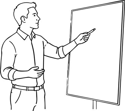 Man in shirt pointing at a blank board during a presentation or lesson