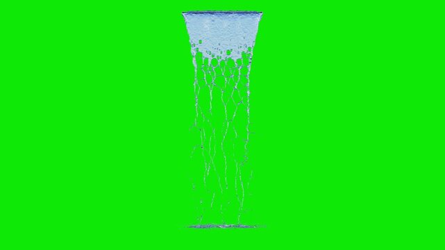 Front view of Flowing Water with a Small Flow from a short surface source to the ground on a perfect green background