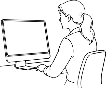 Woman working on a computer at a desk in a simple line drawing style