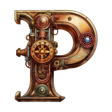 Isolated uppercase letter P with a graphical Steampunk style mainly metal brown copper and wood with lots of details