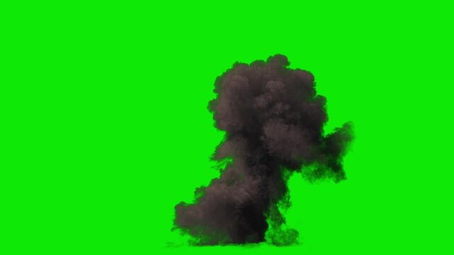 Ground Explosion like a Missile Strike mushroom shaped in Orange and Yellow Flames with Dense Smoke and fast dissipation on a perfect green background