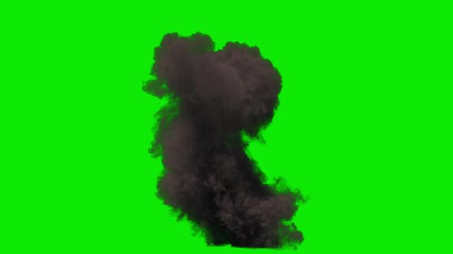 Ground Large Explosion like a Missile Strike mushroom shaped in Orange and Yellow Flames with Dense Smoke and fast dissipation on a perfect green background