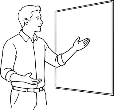 Man in shirt gesturing towards a blank presentation board for teaching