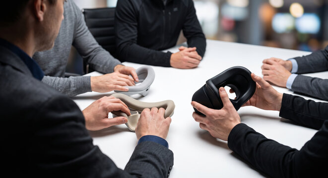 Business team discussing VR headset prototypes at modern office meeting table.