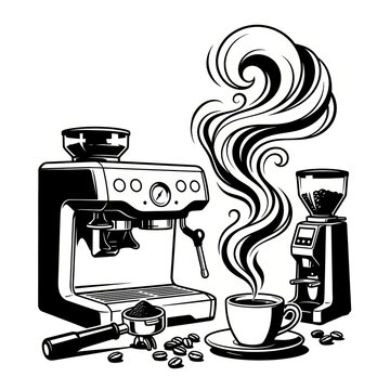 Black and White Ink Illustration of Artisan Coffee Setup with Espresso Machine &ndash; Premium Caf&eacute; Branding Concept