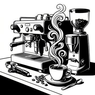 Black and White Ink Illustration of Artisan Coffee Setup with Espresso Machine &ndash; Premium Caf&eacute; Branding Concept