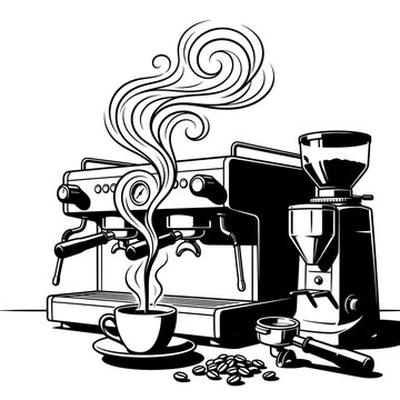 Black and White Ink Illustration of Artisan Coffee Setup with Espresso Machine &ndash; Premium Caf&eacute; Branding Concept