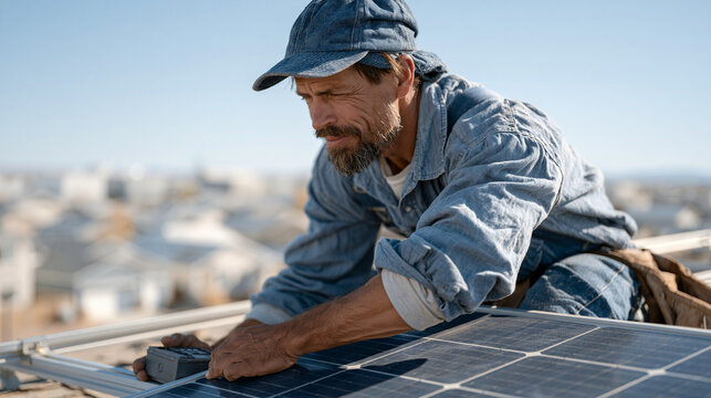 Rooftop solar panel installer secures a photovoltaic module into an aluminum rail system on a residential suburban home, junction box in hand, urban neighborhood rooftops
