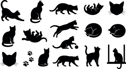 Black cat silhouettes vector flat icon set featuring cats sitting stretching jumping sleeping playing rolling and close up feline head shapes isolated on white © MstRowshanAra