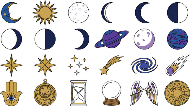Mystical celestial vector cartoon icon set featuring moon phases sun stars planets hamsa hand crystal ball galaxy and zodiac wheel isolated on white background