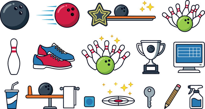 Bowling game equipment and lane accessories vector cartoon icon set featuring strike pins balls shoes trophy scoreboard monitor and cleaning spray isolated