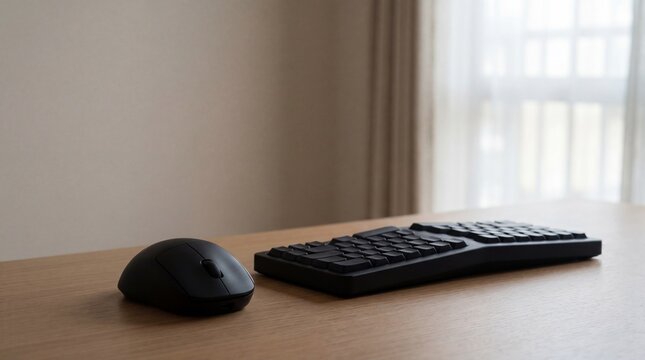 Black computer mouse beside compact keyboard on wooden desk creates simple home office workspace concept for remote work productivity digital tasks online learning minimalist setup