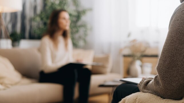 Two people sit in a room talking while one writes notes during a casual meeting at home in the afternoon