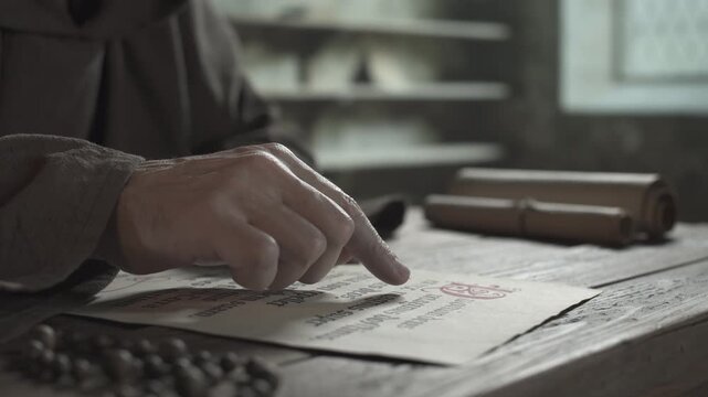 Medieval scribe reading a handwritten liturgical document, guiding a finger along calligraphic lettering on a parchment page, inside a dim monastery scriptorium