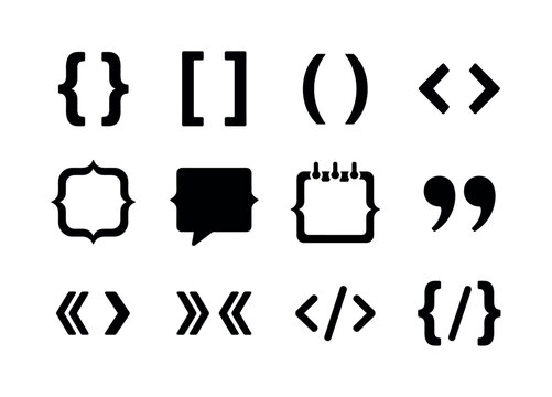 Typography Brackets Symbols solid glyph icon set, 12 fully filled black glyph icons showing curly braces, square brackets, round parentheses, angle brackets, decorative bracket frame, message bracket,
