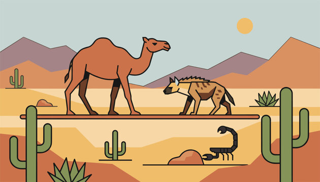 Desert landscape scene showing a brown camel and a striped hyena standing face to face with a scorpion and cacti on the sandy ground.