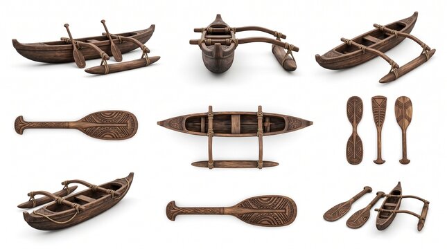 Wooden outrigger canoe models. Traditional Polynesian boat set with carved paddles.