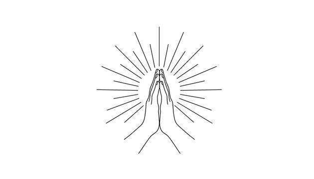 Outline illustration of human hands folded in prayer with radiating sunburst light rays symbolizing hope, faith, and spirituality.