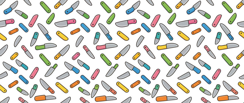 Colorful Kitchen Knives Seamless Pattern Background, Food Prep Tools