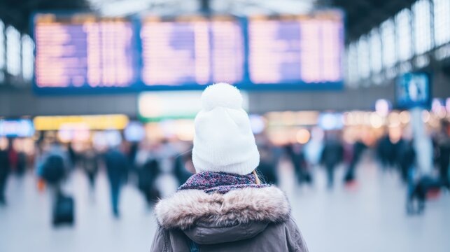 Traveler waits at a busy train station during the day