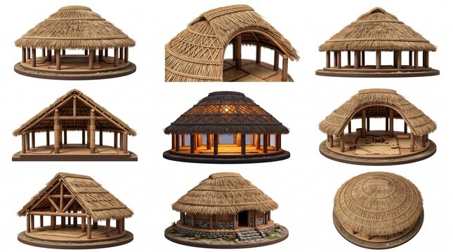 Samoan Fale Tele diorama models. Traditional Polynesian thatched roof house miniatures.