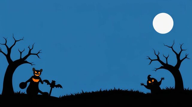 Halloween night silhouette animation with spooky trees and full moon