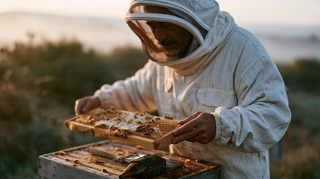 Commercial beekeeper in full veil suit removes a honey-laden frame from a Langstroth hive on a foggy October morning, mist rising from meadow grass, smoker tool resting on hive