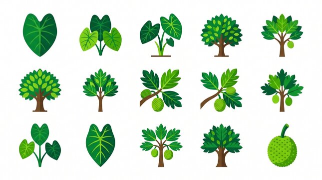Tropical taro leaves and breadfruit trees illustration. Vibrant green foliage icons for eco-friendly design and agriculture projects.