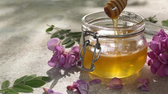 Acacia honey dripping from dipper into jar