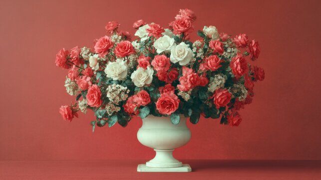 Bright arrangement of flowers in a vase on a red background