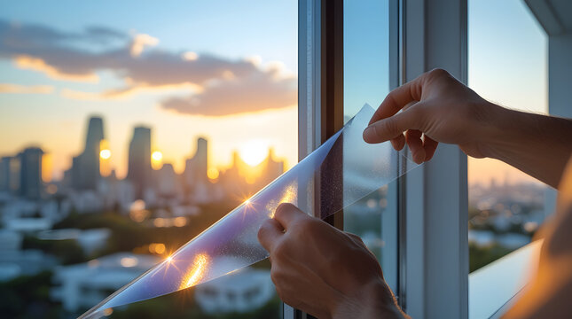  Close-up of hands applying tinting or solar control film onto a modern window glass, blurred city sunset background, architectural glass protection.