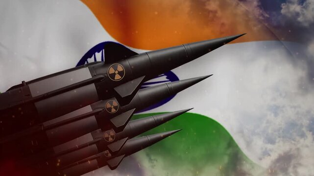 Nuclear missile launch animation with Indian flag waving video footage