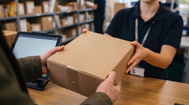 Delivery worker handing cardboard parcel in retail pickup area with laptop