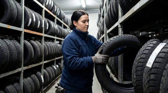 Warehouse worker organizing winter tires in storage facility close up