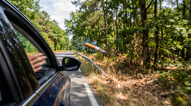 un m&eacute;got de cigarette encore chaud, jet&eacute; par la fen&ecirc;tre d'une voiture vers une for&ecirc;t pendant l'&eacute;t&eacute;