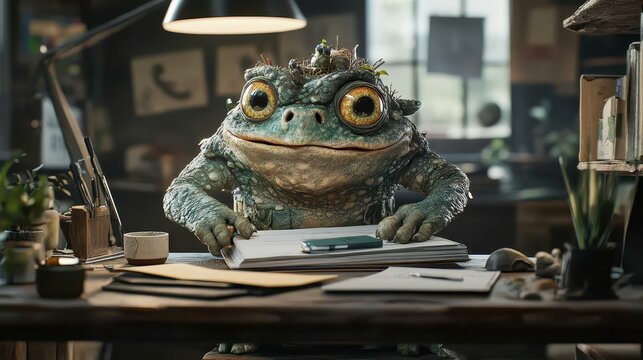 Funny frog character wearing leaves, sitting at a desk, holding papers, looking mischievous, April Fools' Day concept, indoor workspace.