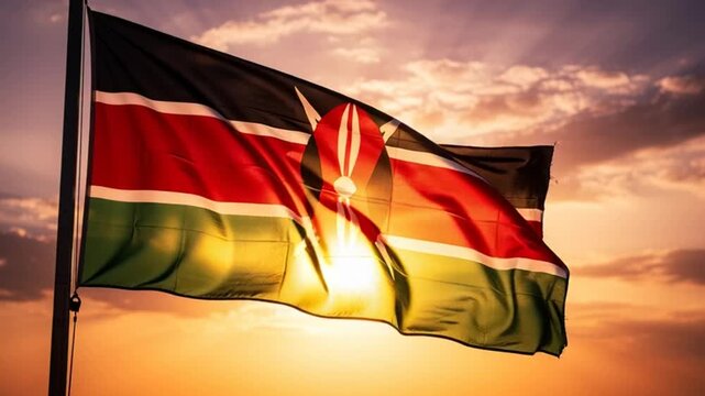 Kenyan national flag waving against a sunset sky with golden light