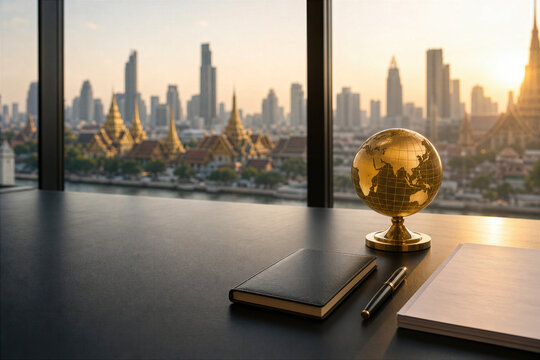 Golden globe paperweight on conference table with notebook pen and documents overlooking Bangkok skyline at IMF world bank annual meeting concept for global finance leadership and cooperation
